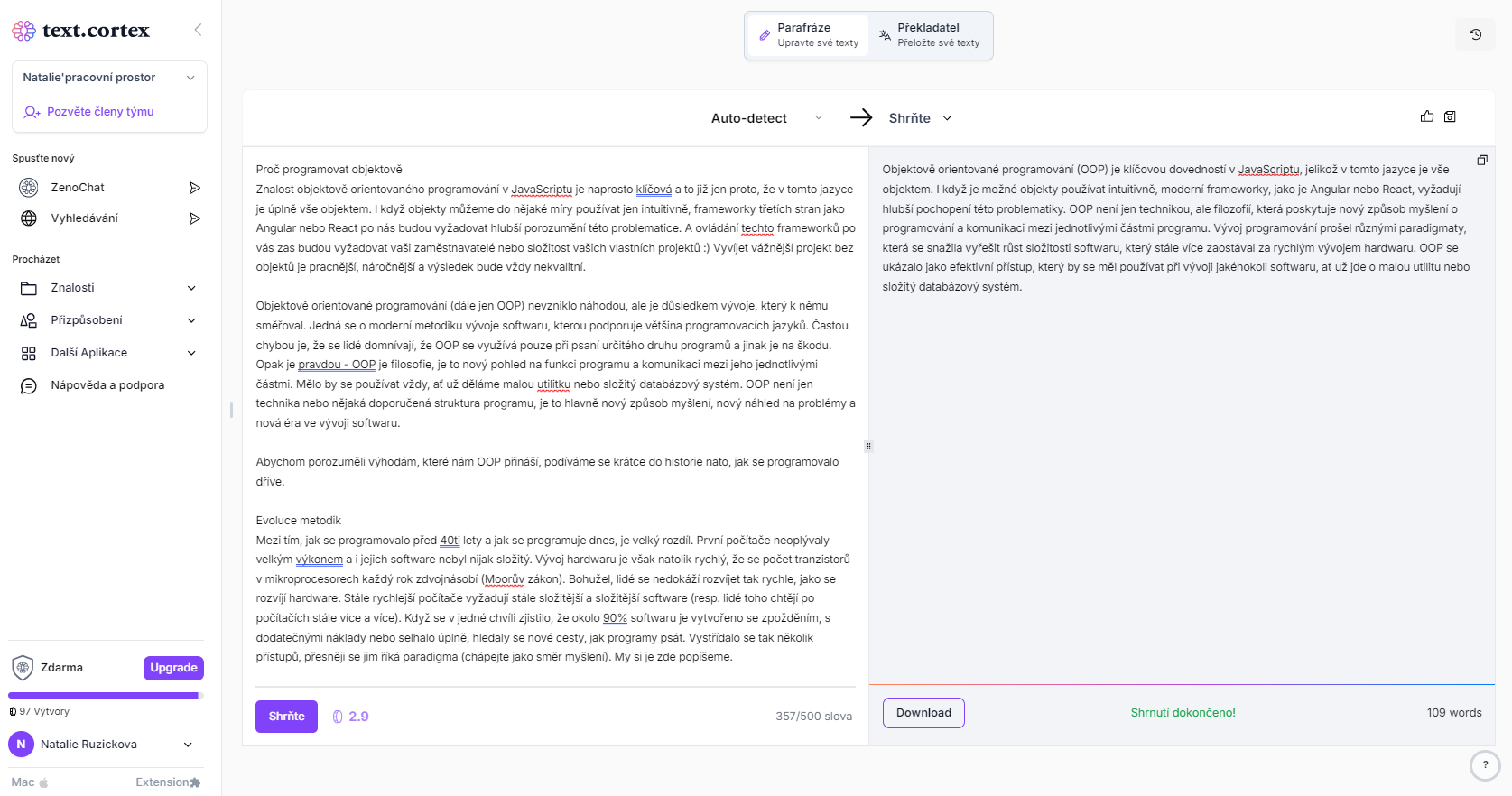 Výsledok zhrnutia – TextCortex - AI - Majstrovstvá produktivity s umelou inteligenciou - AI - Majstrovstvá produktivity s umelou inteligenciou