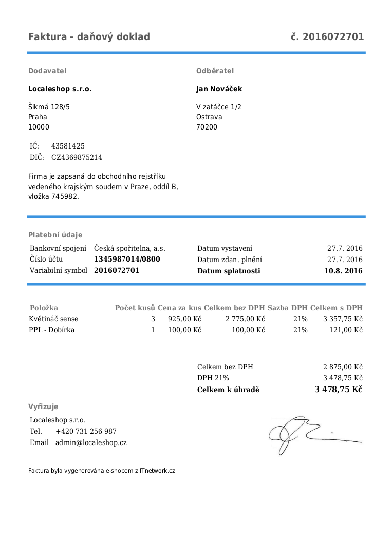 Faktúra vygenerovaná e-shopom v Nette