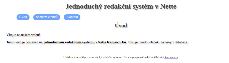 Úvodná stránka redakčného systému v Nette frameworku - Základy Nette frameworku