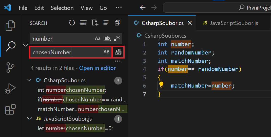 Kolónka Replace - Visual Studio Code - Visual Studio Code