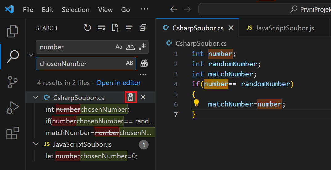 Replace pri jednom samotnom súbore - Visual Studio Code - Visual Studio Code