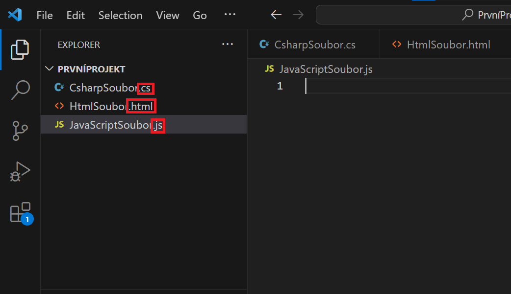Ukážka dôležitosti koncovky na iných jazykoch - Visual Studio Code - Visual Studio Code