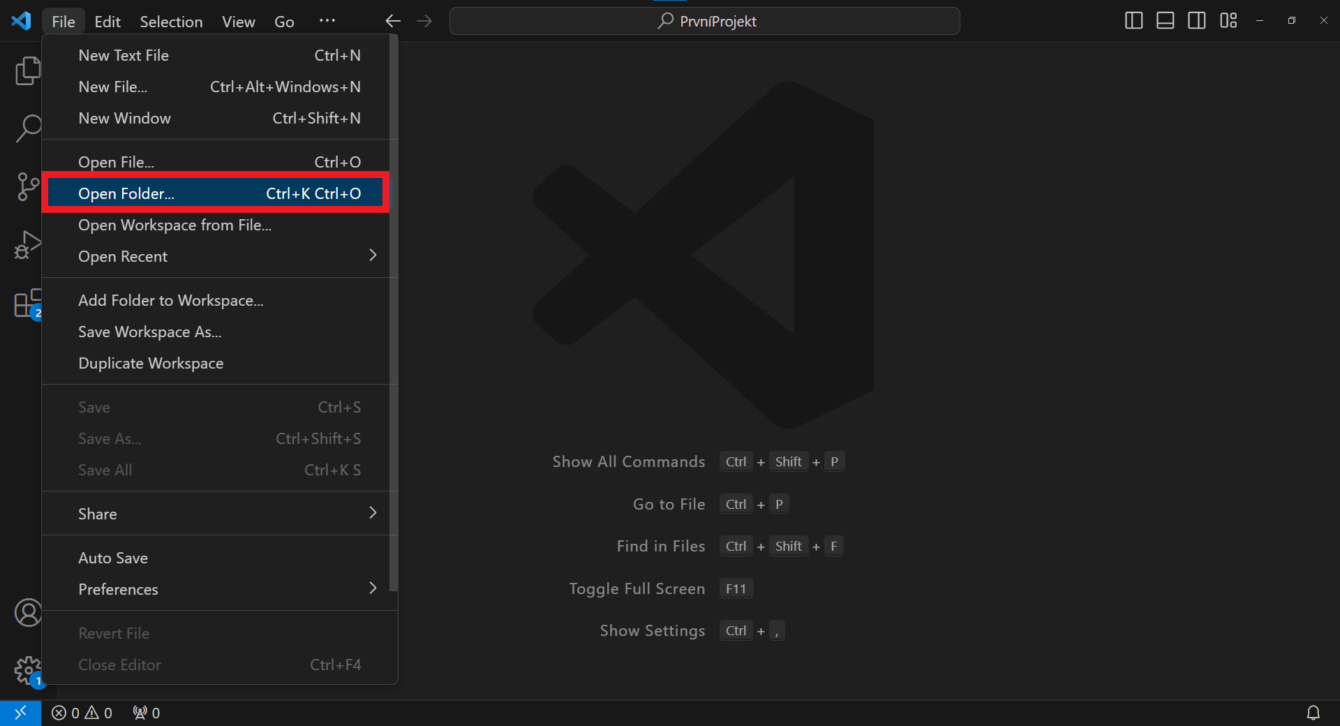 Návod na nájdenie tlačidla OpenFolder - Visual Studio Code - Visual Studio Code