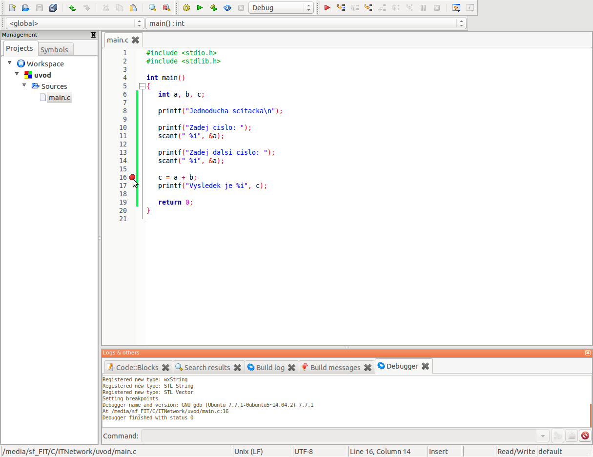 Breakpoint v Code :: Blocks - Linux a programovanie v jazyku C