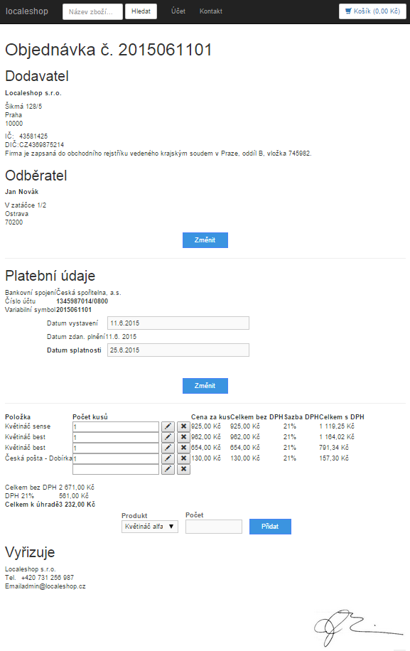 Šablóna pre zmenu objednávky v ASP.NET e-shopu