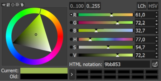 Výber farieb v programe GIMP - Matlab