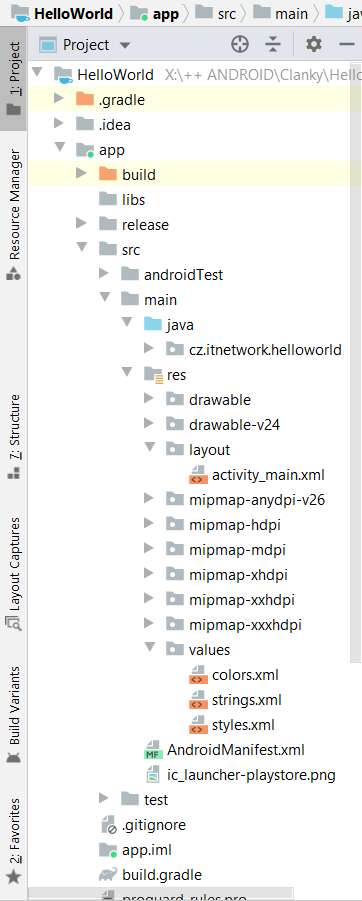 Štruktúra nového Android projektu v Android Studio - Základy vývoja Android aplikácií v Jave