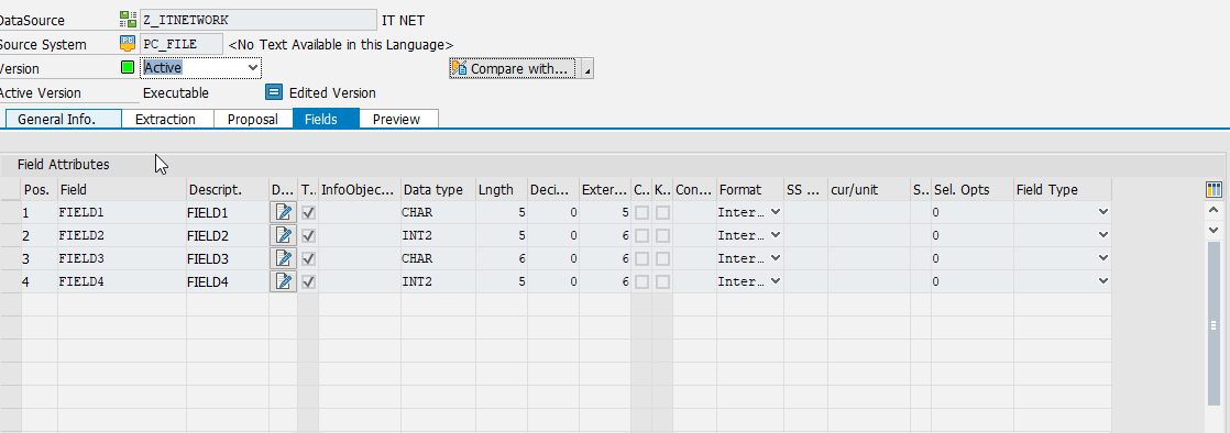 InfoSource v SAP – Záložka Fields - Sap