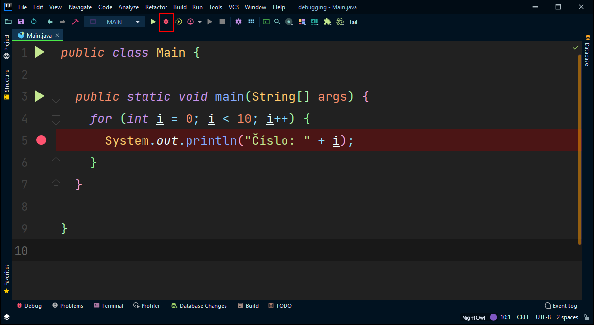 Tlačidlo pre debug - IntelliJ IDEA / NetBeans / Eclipse - Pokročilá práce