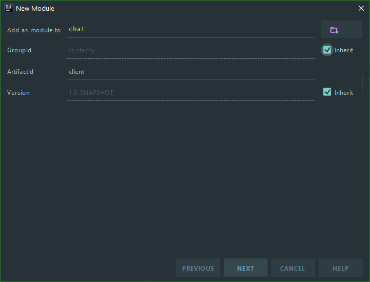 Nastavenie ArtifactID nového modulu v IntelliJ IDEA - Server pre klientskej aplikácie v Jave