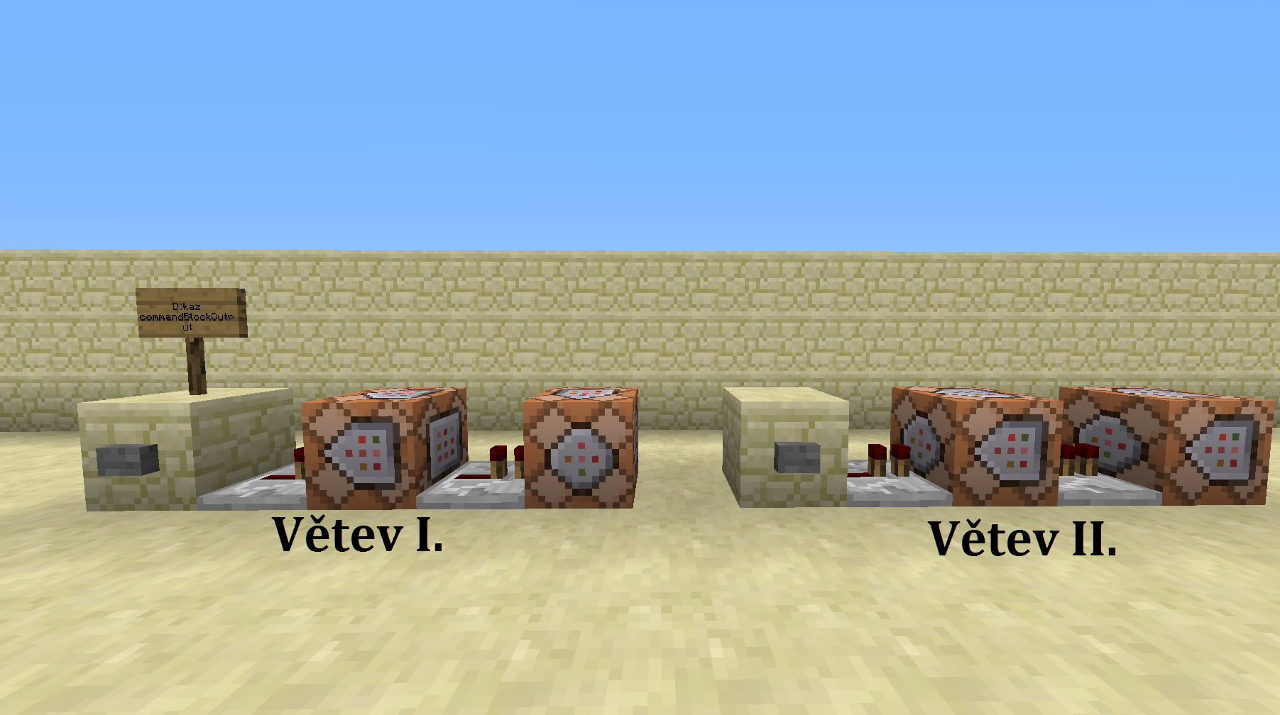 Zapojené command bloky v dvoch vetvách pre dôkaz pravidlá - Programovanie v Minecraftu