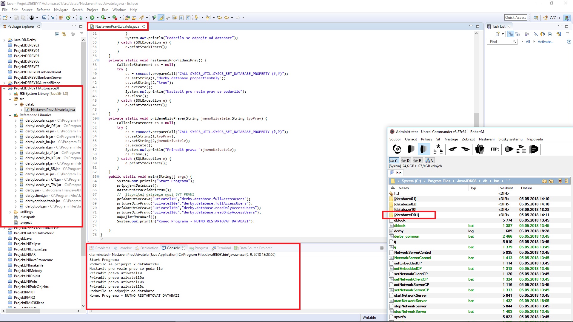 Spustenie DerbyDB príklade autorizácie v Jave - DerbyDb