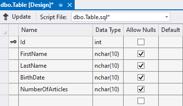 Stĺpce v novej tabuľke vo Visual Studio - MS-SQL databázy krok za krokom