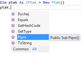 Metódy vtáka s rozhraním IPtak - Objektovo orientované programovanie vo Visual Basic .NET