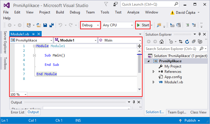 Okno Visual Studia - Základné konštrukcie jazyka Visual Basic (VB .NET)