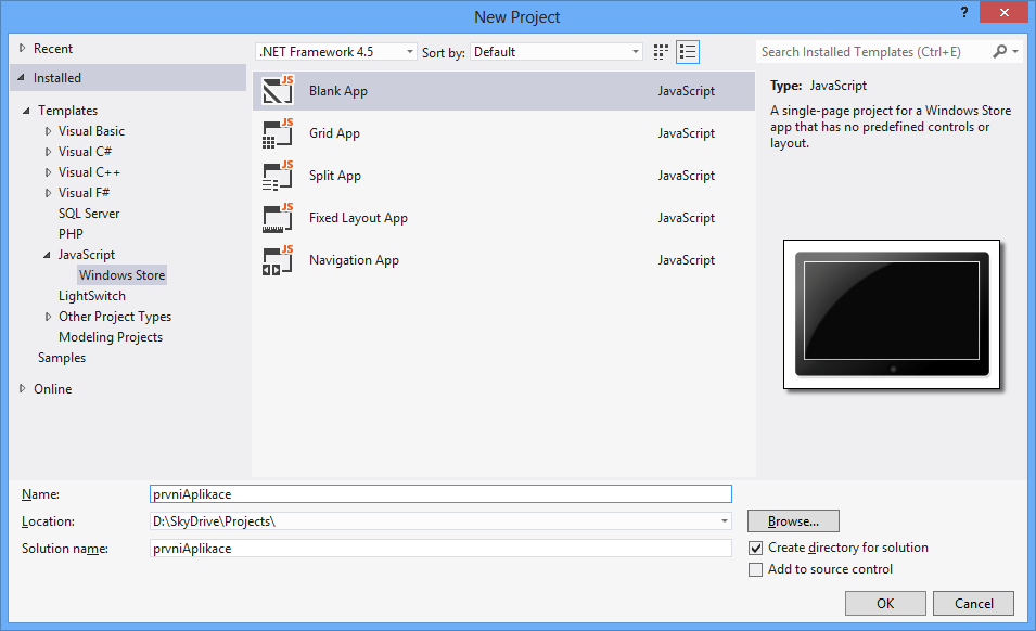 Nový projekt typu Blank Page - Tvorba Windows 8 store aplikácií v JavaScripte