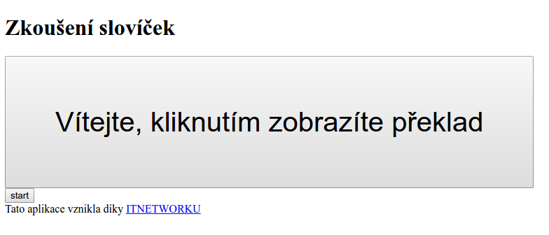 Vítací menu aplikácie pre skúšanie slovíčok v JavaScripte - Objektovo orientované programovanie v JavaScriptu