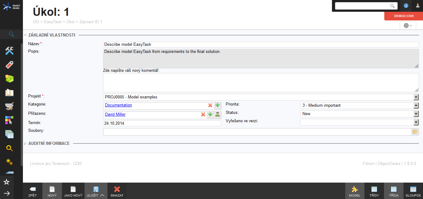 Model EasyTask – obrazovka s detailom záznamu - Systém ObjectGears