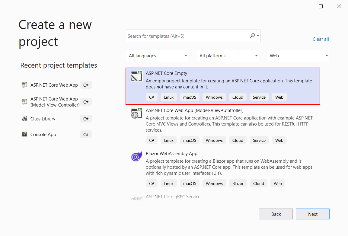 Okno Create a new project vo Visual Studio - Základy ASP.NET Core MVC - Základy ASP.NET Core MVC