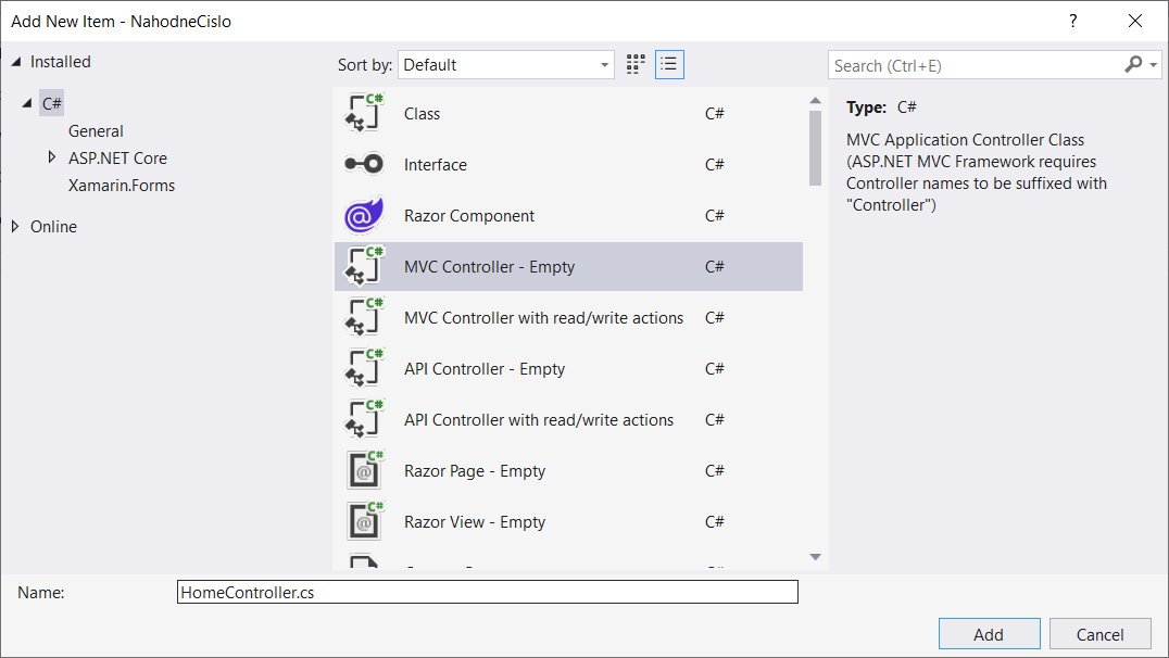 Pridanie HomeController vo Visual Studio - Základy ASP.NET Core MVC - Základy ASP.NET Core MVC