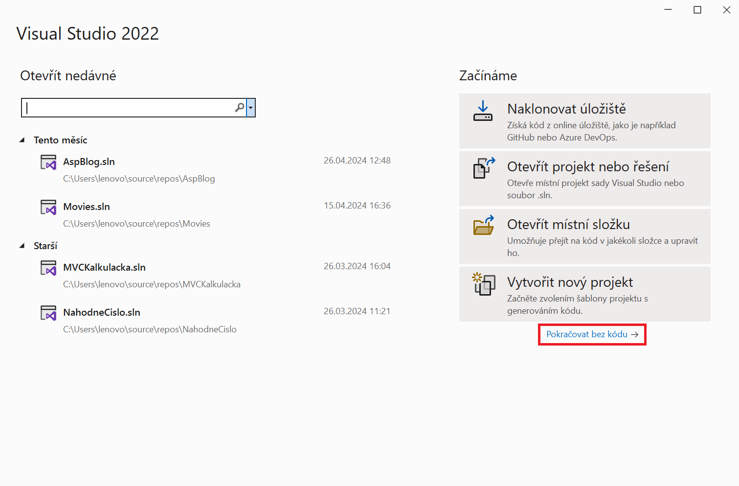 Visual Studio 2022 – Pokračovať bez kódu na úvodnej obrazovke - Základy ASP.NET Core MVC - Základy ASP.NET Core MVC