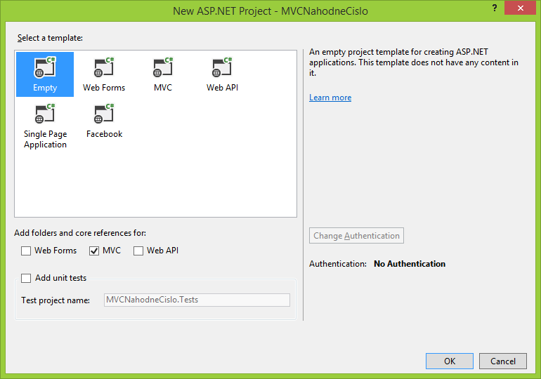 Prázdny ASP.NET MVC projekt vo Visual Studio - Základy ASP.NET MVC