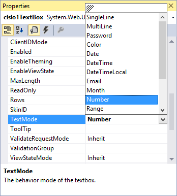 Vlastnosti kontrolky v ASP.NET Web Forms v Visual Studio - ASP.NET Web Forms