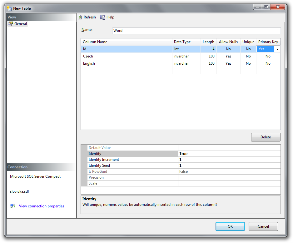 Návrh databázovej tabuľky pre Microsoft SQL Server CE vo Visual Studio - Databázy v C# - ADO.NET - Databázy v C# - ADO.NET