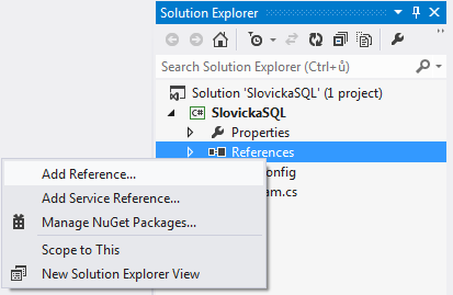 Pridanie referencie k C# .NET projektu vo Visual Studio - Databázy v C# - ADO.NET - Databázy v C# - ADO.NET