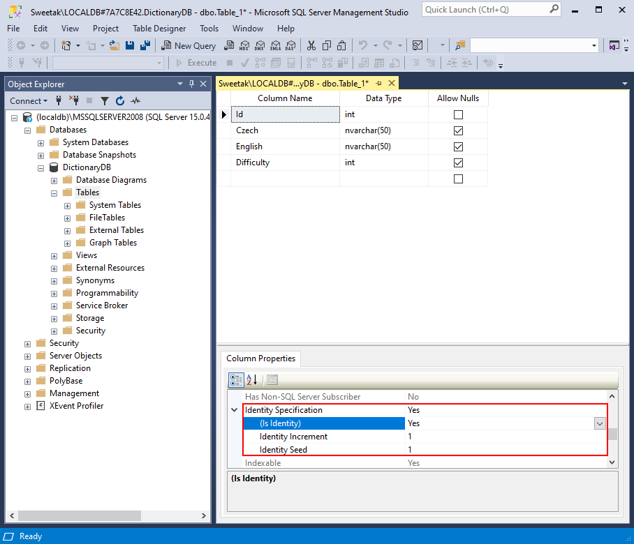 Vytvorenie novej tabuľky v MS SQL Management Studio - Databázy v C# - ADO.NET