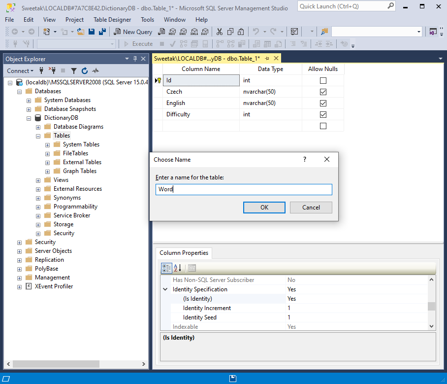 Vytvorenie novej tabuľky v MS SQL Management Studio - Databázy v C# - ADO.NET