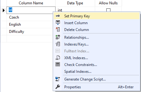 Nastavenie primárneho kľúča tabuľky v MS SQL Management Studio - Databázy v C# - ADO.NET