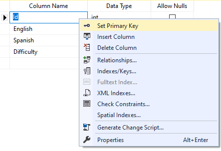 Nastavenie primárneho kľúča tabuľky v MS SQL Management Studio - Databázy v C# - ADO.NET