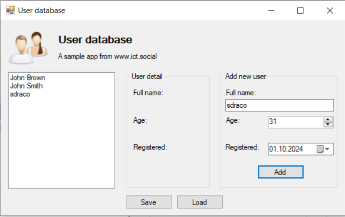 Formulár databázy používateľov v CSV - Súbory v C# .NET