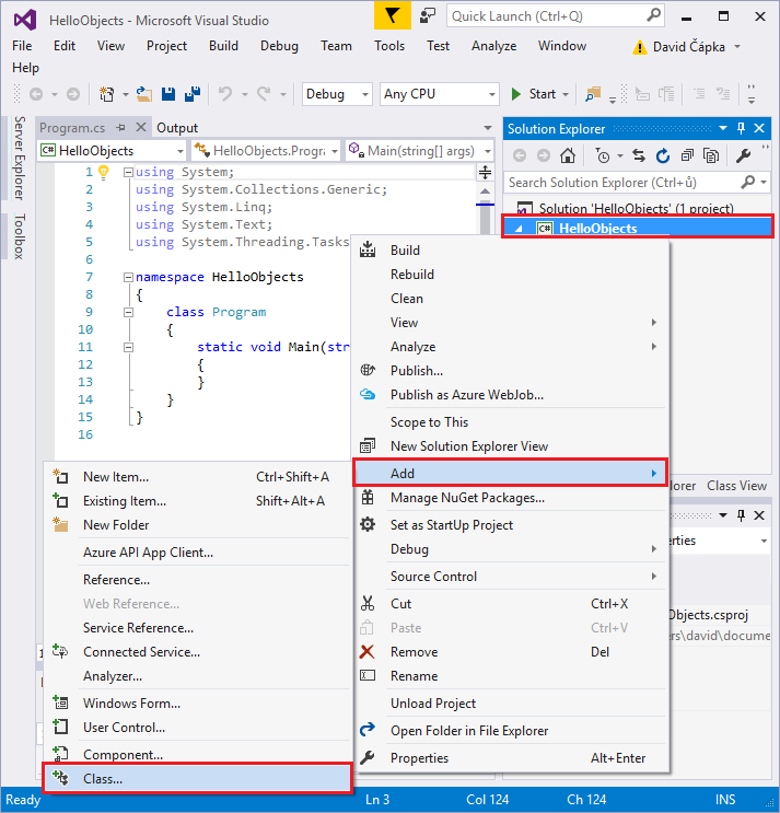 Pridanie novej triedy class k C# projektu vo Visual Studio - Objektovo orientované programovanie v C# .NET - Objektovo orientované programovanie v C# .NET