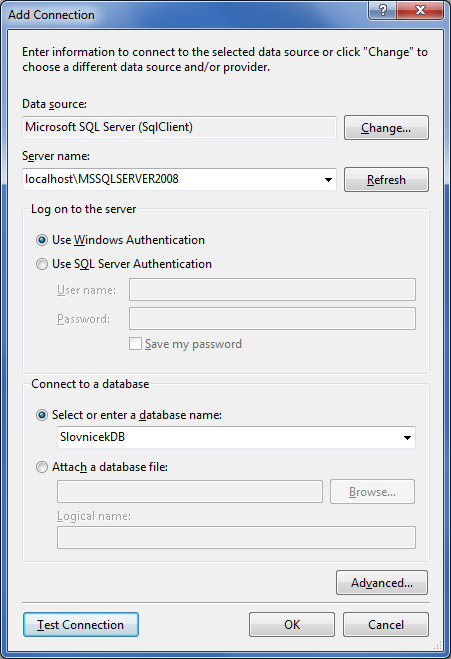 Pridanie nového pripojenia k MS-SQL databáze vo Visual Studio - Databázy v C# - ADO.NET - Databázy v C# - ADO.NET