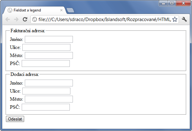Ukázka použití HTML 5 tagu fieldset - Formuláře - Český HTML 5 manuál