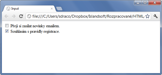 Ukážka formulárového poľa input typu checkbox - Formuláre - Český HTML 5 manuál