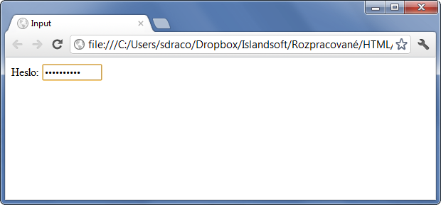 Ukážka formulárového poľa input typu password - Formuláre - Český HTML 5 manuál - Formuláre - Český HTML 5 manuál