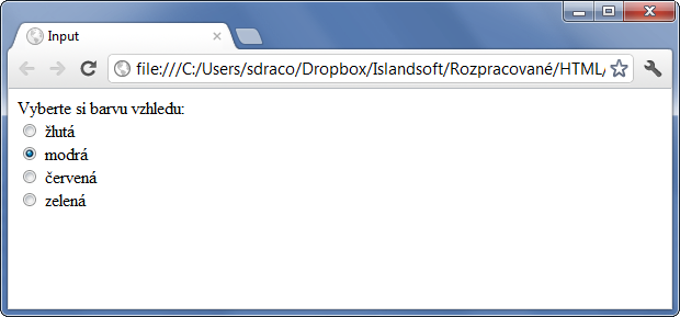 Ukážka formulárového poľa input typu radio - Formuláre - Český HTML 5 manuál