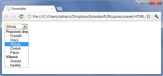 HTML formulář s elementy select a option, sdružených do optgroup - Formuláře - Český HTML 5 manuál