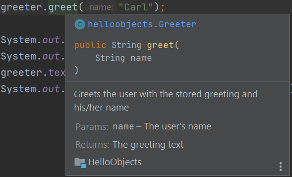 Metódy objektu greeter v IntelliJ - Objektovo orientované programovanie v Jave - Objektovo orientované programovanie v Jave