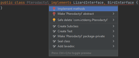 Automatická implementácia rozhrania v IntelliJ - Objektovo orientované programovanie v Jave