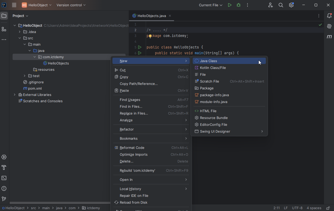 Pridanie novej triedy class k Java projektu v IntelliJ - Objektovo orientované programovanie v Jave