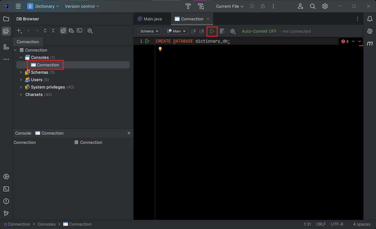 Spustenie SQL príkazu pre vytvorenie databázy v IntelliJ - Databázy v Jave - JDBC