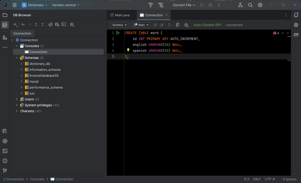 Zadanie SQL príkazu pre vytvorenie tabuľky v IntelliJ - Databázy v Jave - JDBC