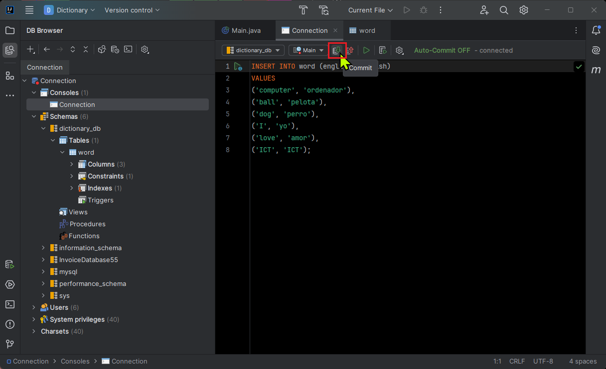 Tlačidlo Commit pre nahranie dát na MySQL server - Databázy v Jave - JDBC