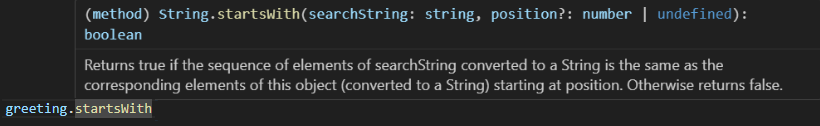 Popis vybranej metódy na textovom reťazci vo Visual Studio Code - Základné konštrukcie jazyka JavaScript