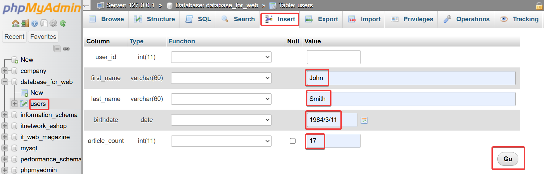 Vloženie záznamu do tabuľky v phpMyAdmin - MySQL databázy krok za krokom