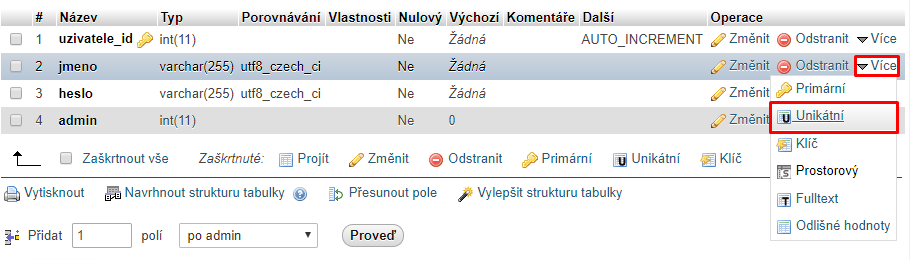 Unikátny kľúč v phpMyAdmin - Jednoduchý redakčný systém v PHP objektovo (MVC)